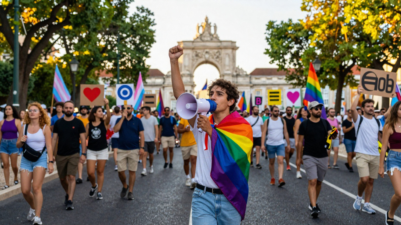 Manifestantes na Marcha do Orgulho LGBTQ+ em Lisboa, com bandeiras coloridas e cartazes, durante o dia.