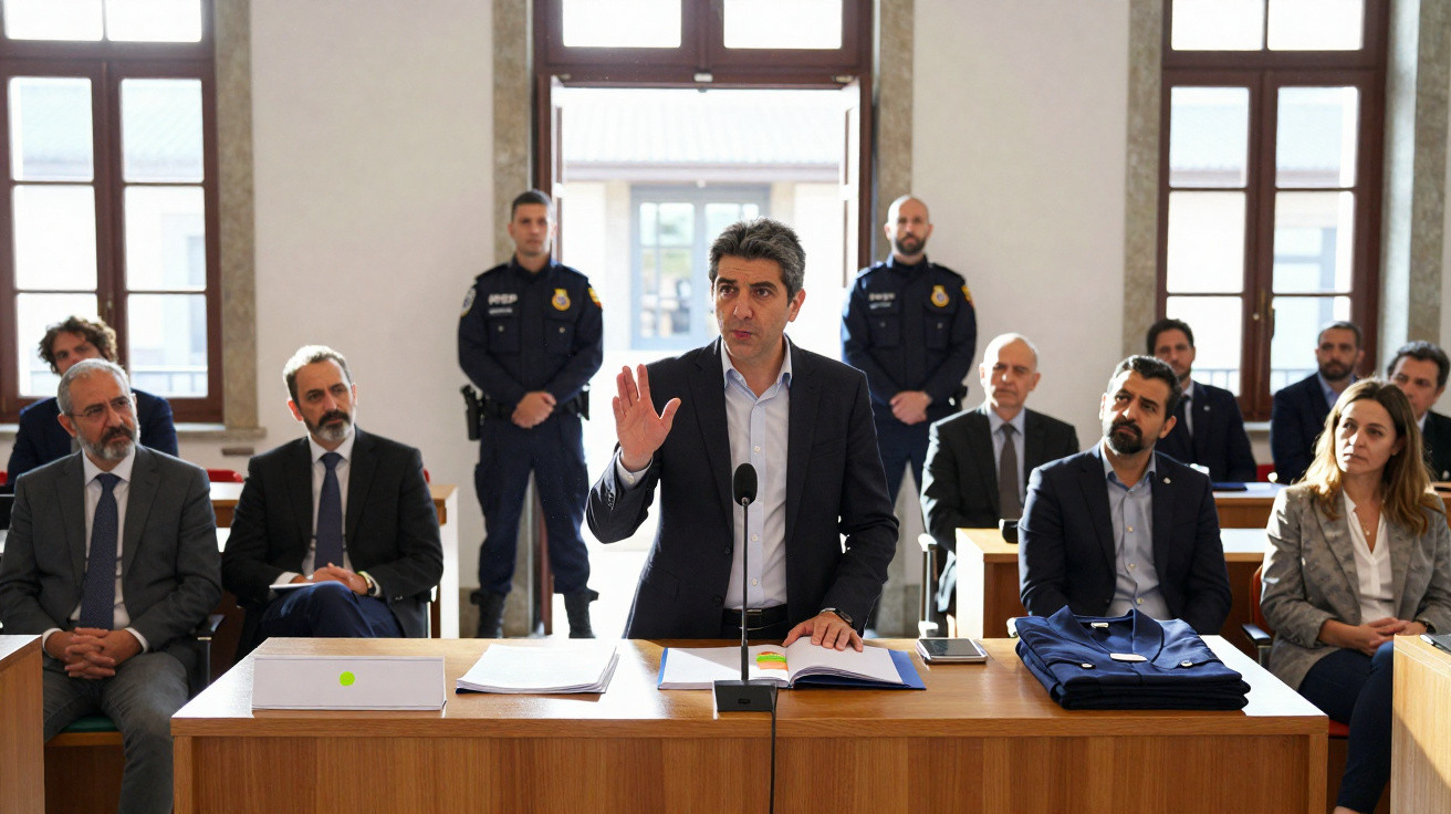 Homem de fato a falar em tribunal com pessoas sentadas e dois polícias em pé ao fundo.