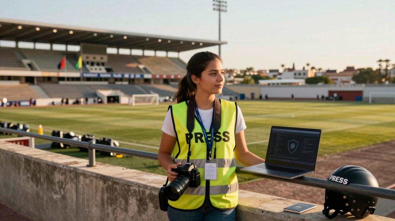 Jornalista com colete amarelo na bancada de um estádio, segurando câmara fotográfica e portátil aberto.