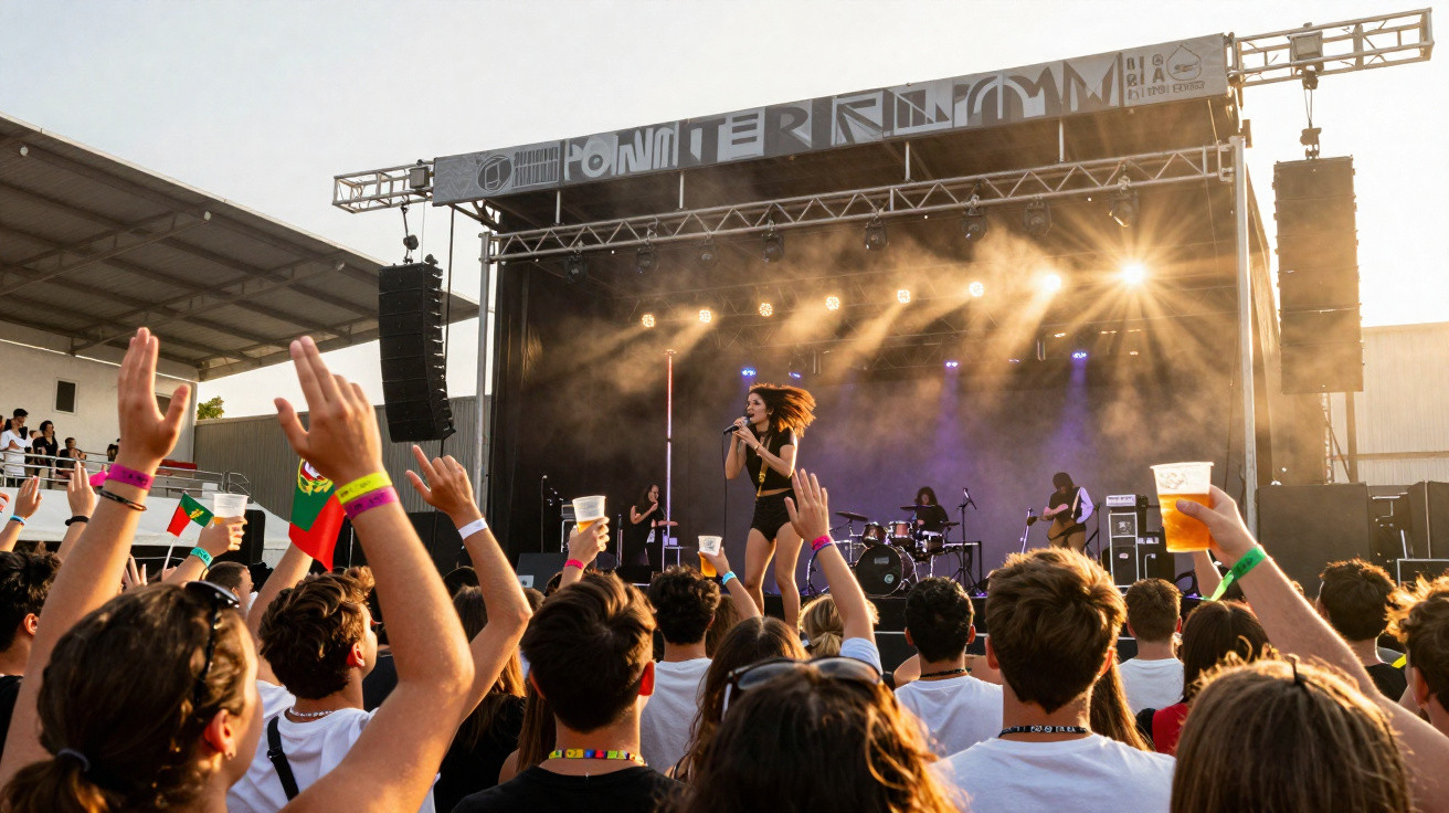 Concerto ao ar livre com público animado e artista a cantar no palco ao pôr do sol.