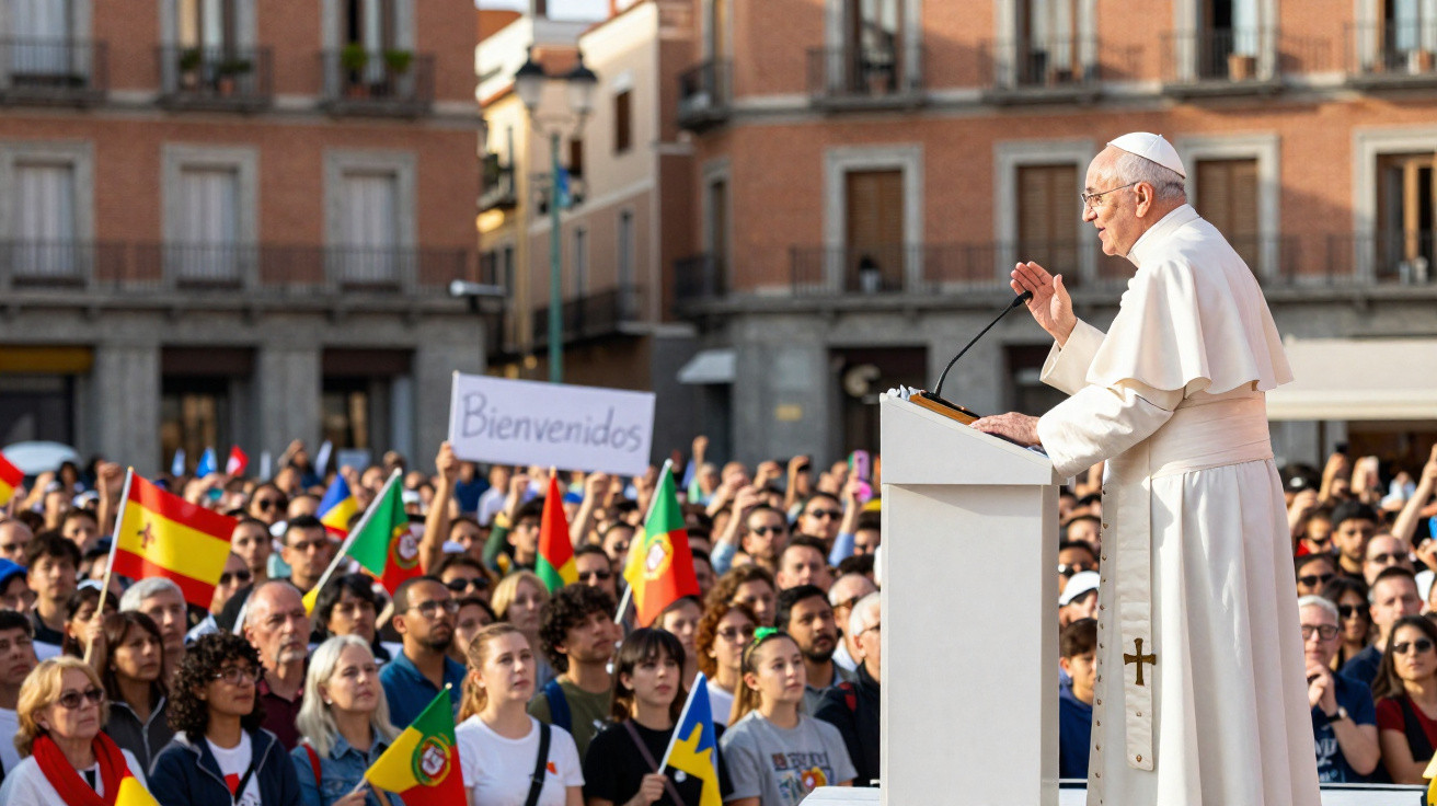 Papa a discursar para multidão com bandeiras e cartaz de boas-vindas numa praça urbana.