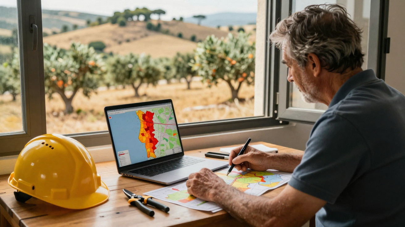 Homem a analisar mapas de risco numa mesa junto a janela com paisagem rural e capacete amarelo.