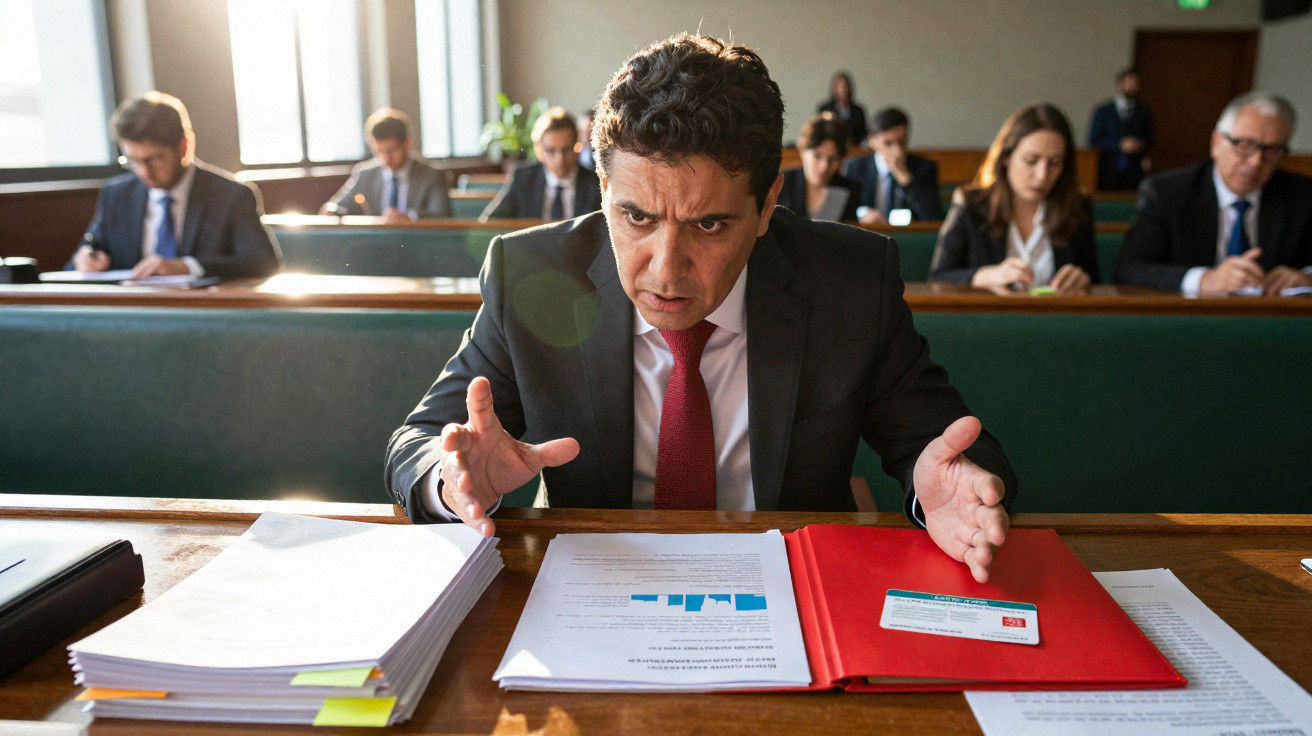 Homem de fato discutindo documentos numa sala com outras pessoas ao fundo, ambiente formal.