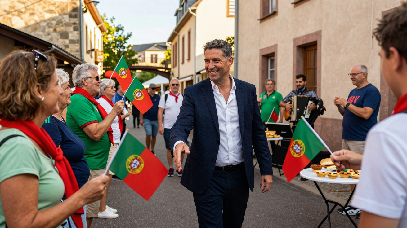 Homem de fato cumprimenta grupo com bandeiras de Portugal numa rua com festa popular.