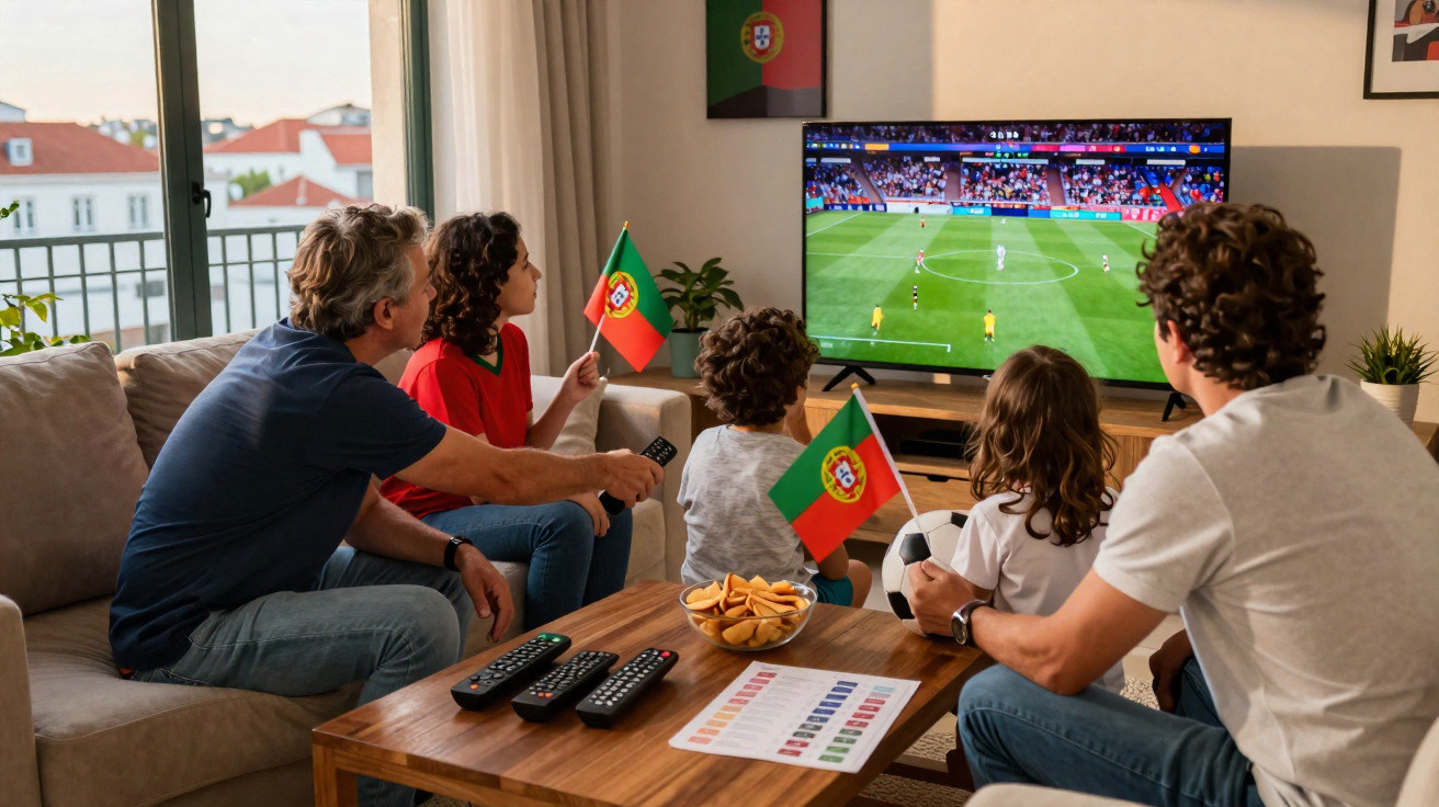 Família em sala a ver jogo de futebol na televisão, segurando bandeiras de Portugal e bola de futebol ao centro.
