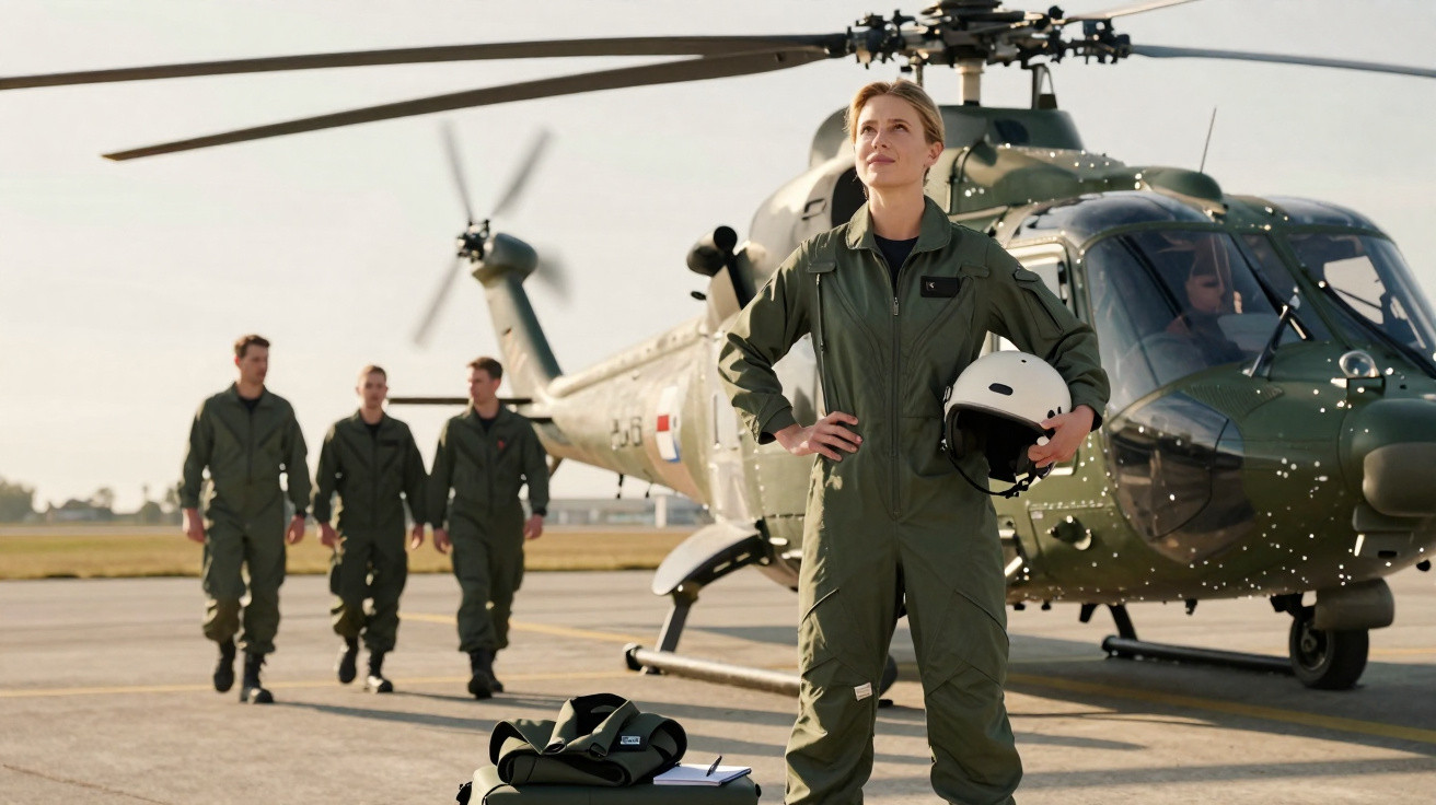 Pilotos militares em fato de voo verde junto a helicóptero militar estacionado numa pista de aterragem.