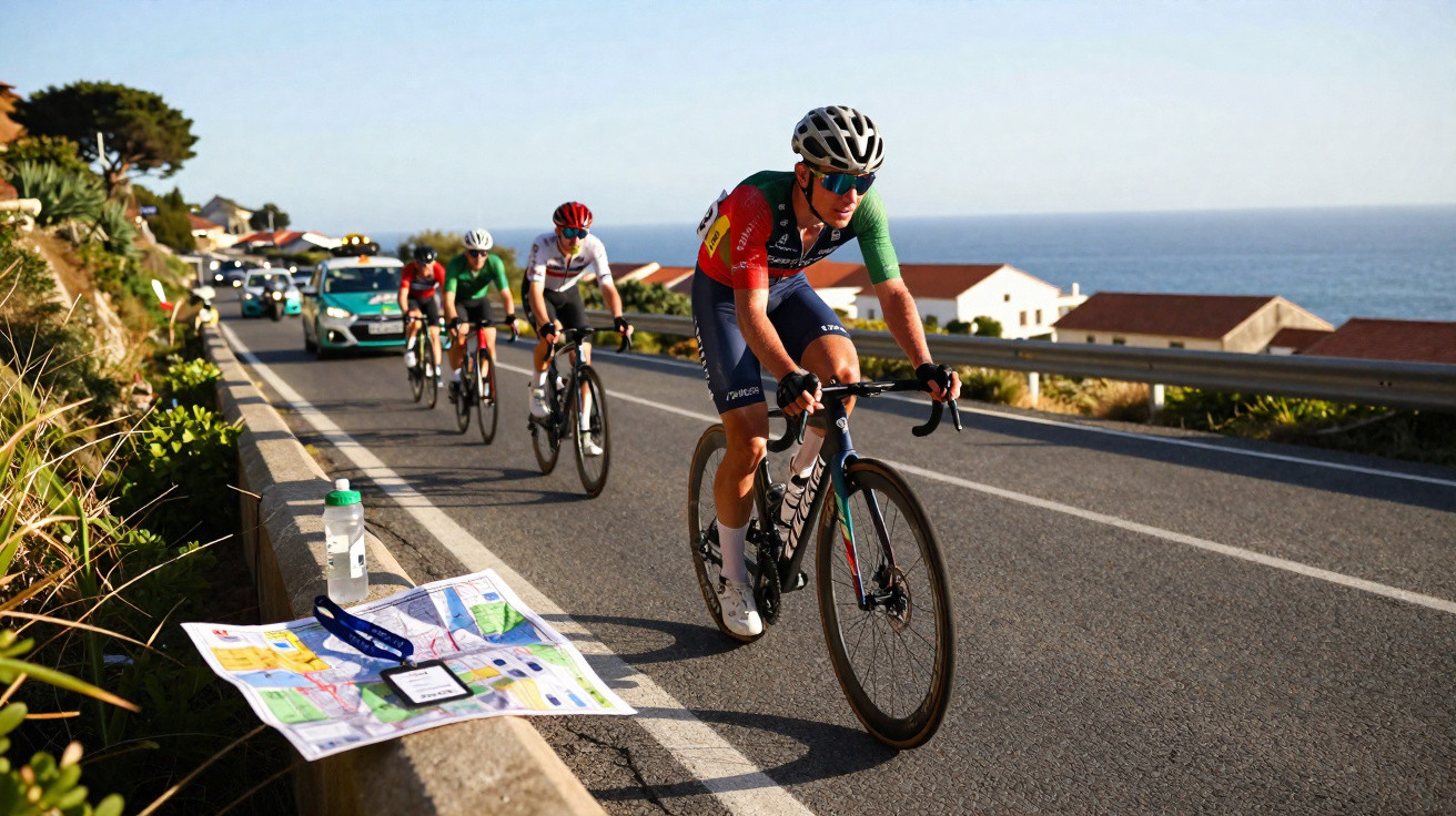 Ciclistas em corrida numa estrada costeira ensolarada com mapas e carros de apoio ao fundo.