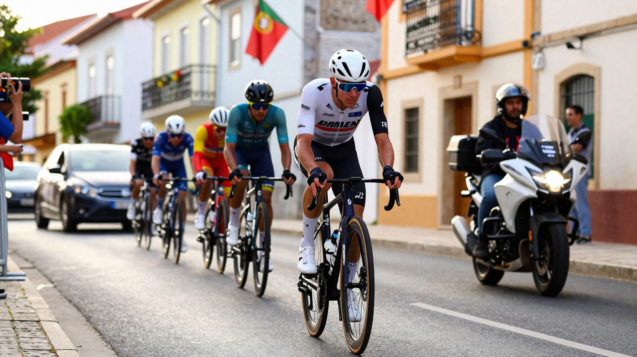 Ciclistas em corrida numa rua urbana com bandeira de Portugal e motociclista a acompanhar.