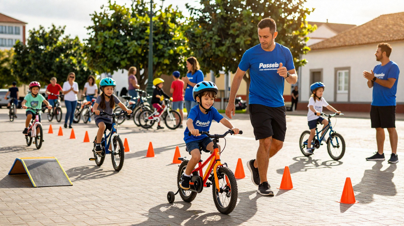 Crianças a aprender a andar de bicicleta com ajuda de adultos num espaço ao ar livre com cones e rampas.