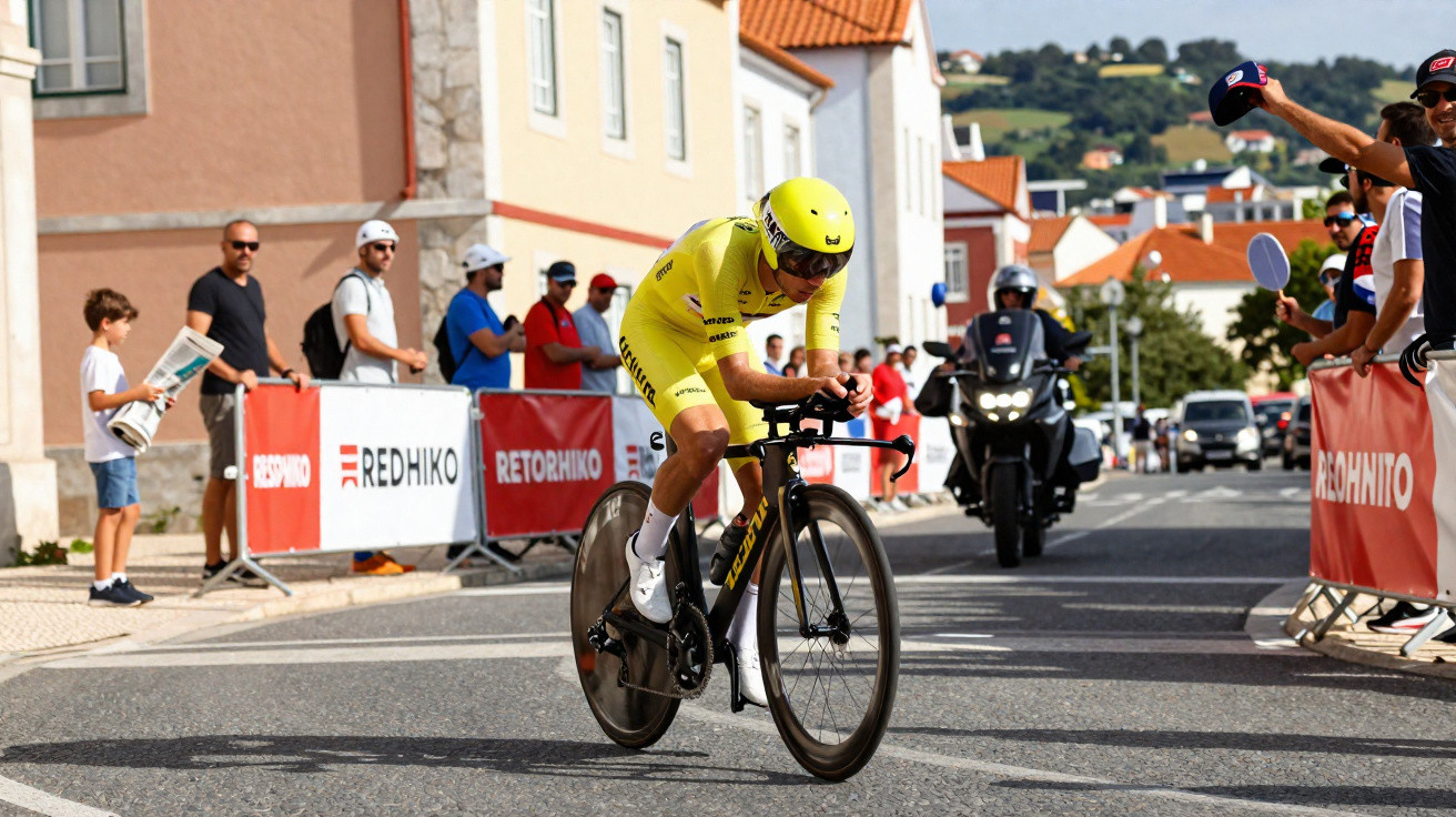 Ciclista em roupa amarelo néon em competição urbana com público e motocicleta de apoio atrás.