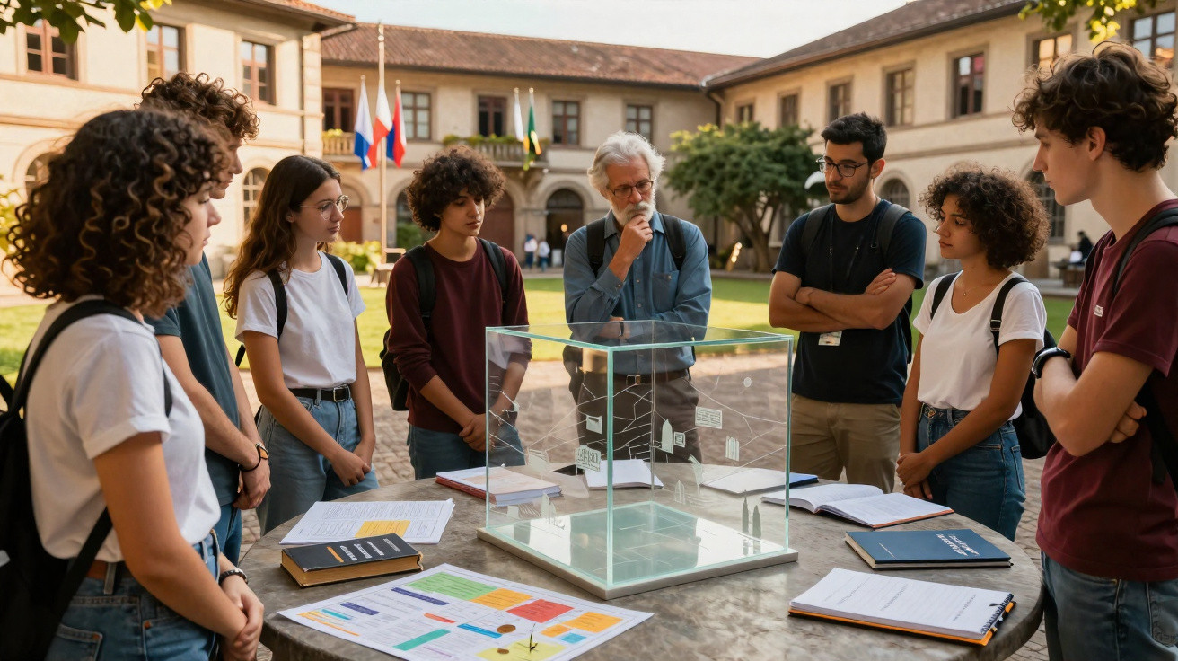 Grupo de estudantes e professor em discussão junto a mesa com maquete e documentos num pátio universitário.