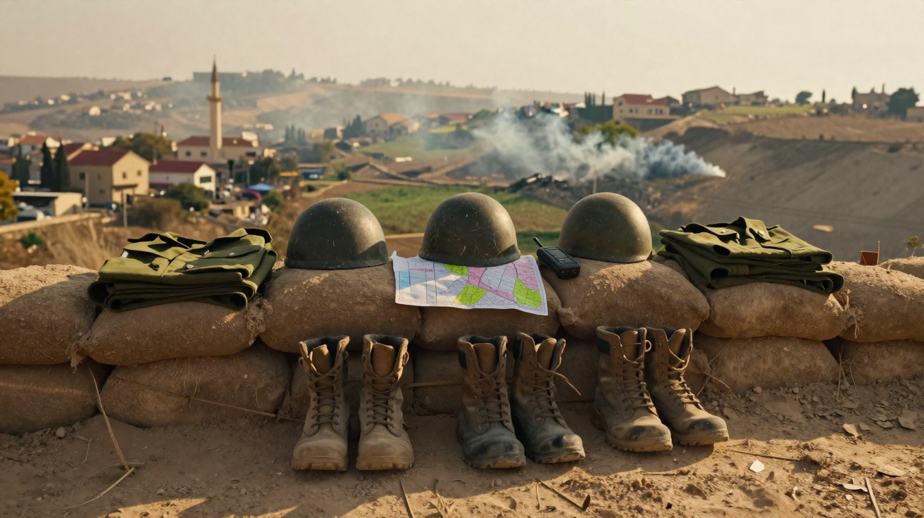Capacetes, botas e coletes militares sobre sacos de areia numa posição de vigia com vila e fumo ao fundo.