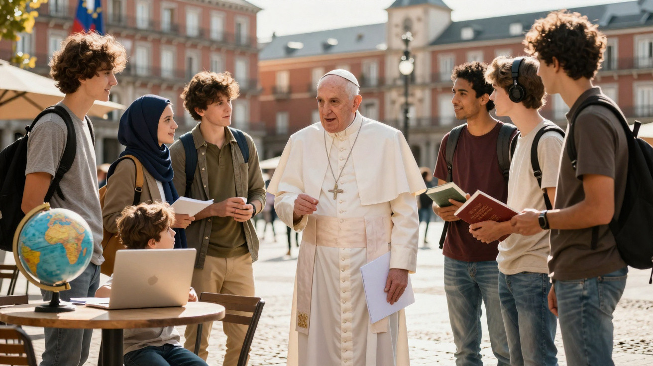 O Papa conversa com um grupo diverso de jovens estudantes ao ar livre numa praça histórica.