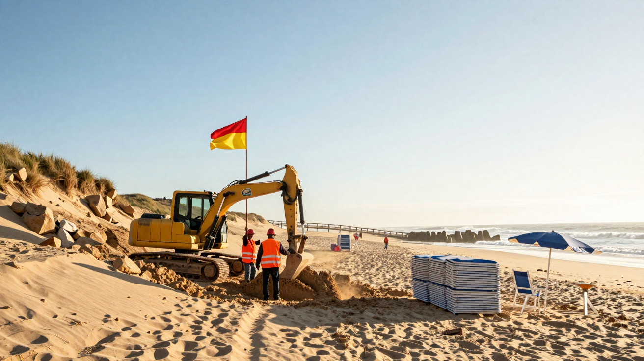 Máquina escavadora e trabalhadores na praia com bandeira de aviso vermelha e amarela ao fundo.