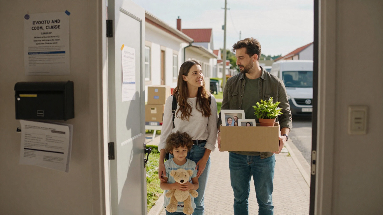 Família feliz entrando em casa nova com caixas, planta e brinquedo num dia ensolarado.