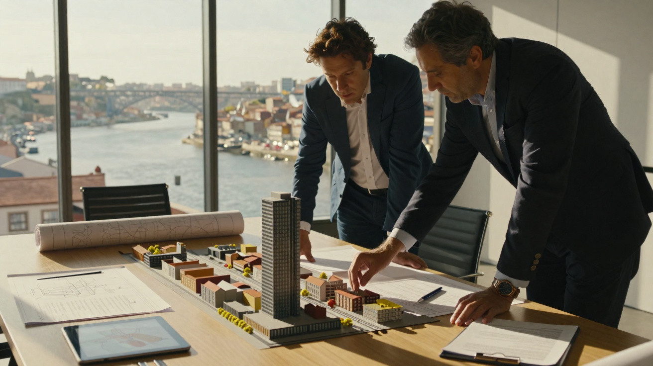 Dois homens em fatos analisam maquete arquitetónica numa sala com vista panorâmica sobre um rio e cidade.