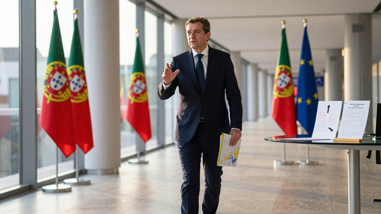 Homem de fato escuro com pasta caminhando num corredor com bandeiras de Portugal e da União Europeia ao fundo.