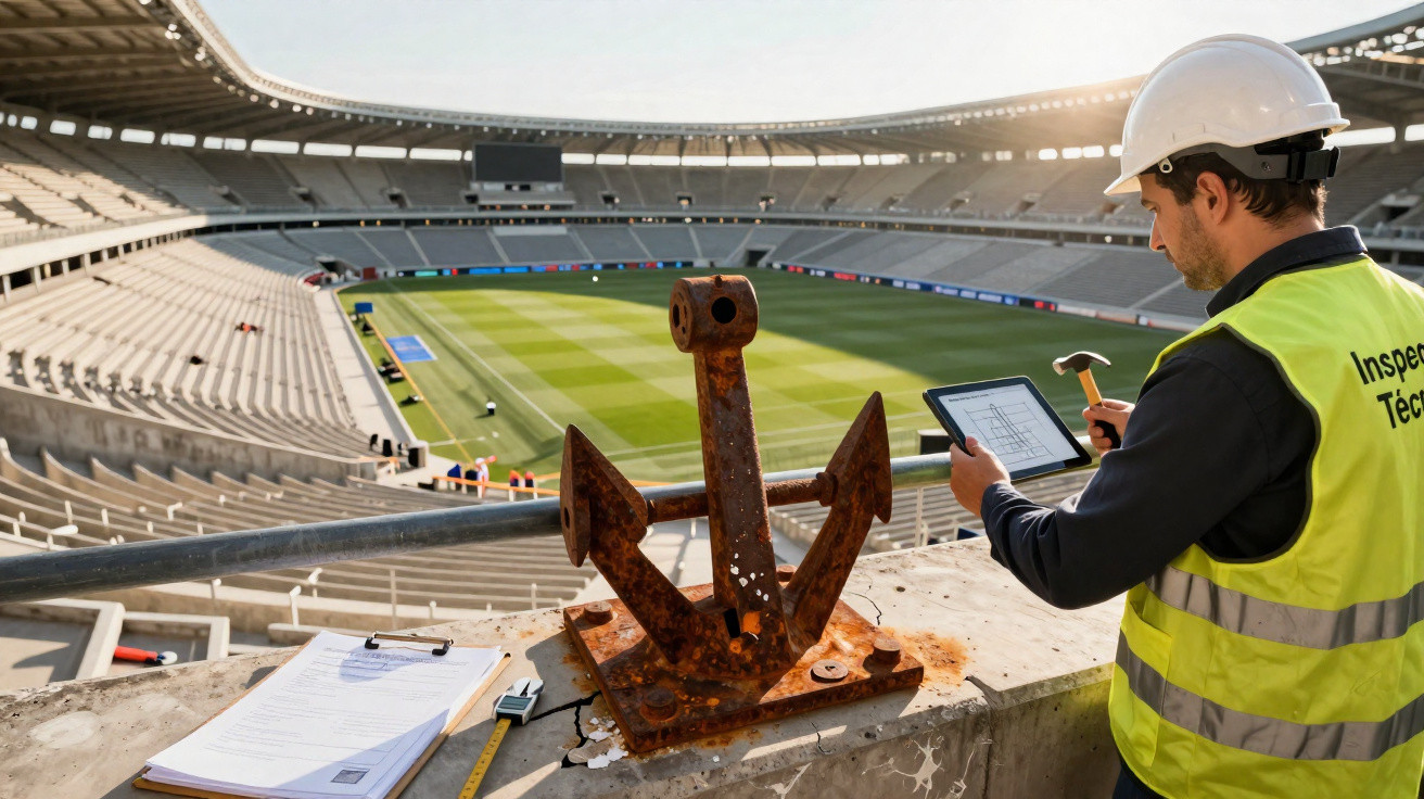 Inspetor técnico com capacete e colete a verificar plano num estádio vazio, com uma âncora enferrujada em primeiro plano.