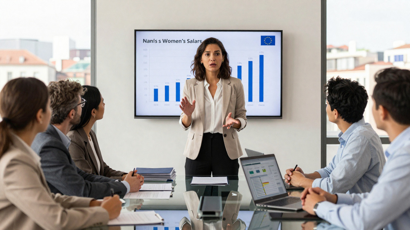 Mulher a apresentar dados de salários femininos em gráfico de barras para equipa em reunião de escritório moderno.