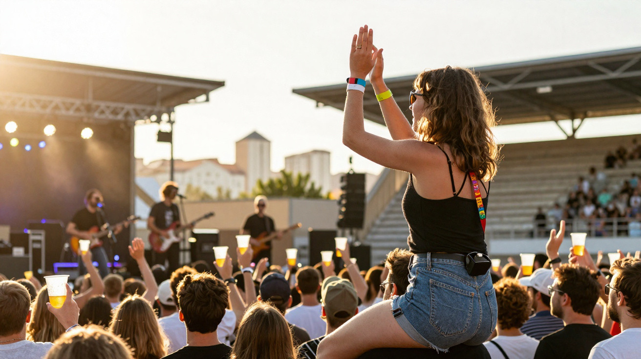 Pessoas num concerto ao ar livre ao pôr do sol, com jovem aplaudindo sentada nos ombros de alguém.