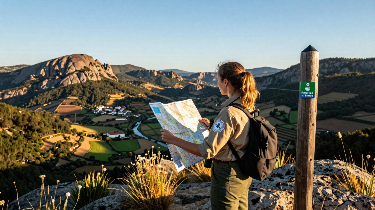 Mulher com mochila lê mapa numa paisagem montanhosa com campos e colinas ao entardecer.