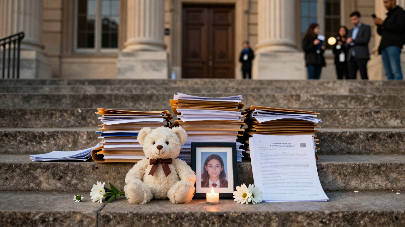 Memorial com fotografia, ursos de peluche, flores, vela acesa e pilhas de documentos nas escadas de um edifício público.