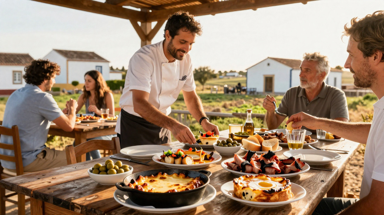Homem serve comida numa mesa ao ar livre com várias pessoas à volta em ambiente rural ensolarado.