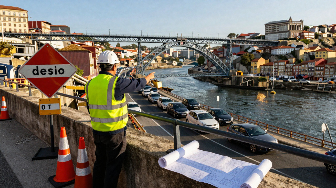 Engenheiro de obra com colete e capacete junto ao rio, com ponte metálica e carros alinhados numa rua.