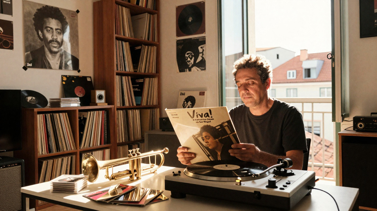 Homem a ouvir vinil em gira-discos numa sala iluminada com várias coleções de discos e uma trompete na mesa.