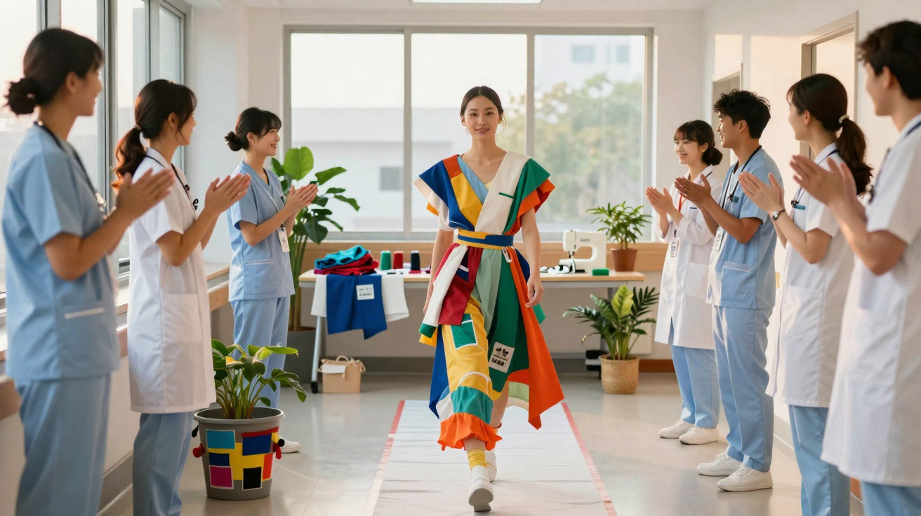 Mulher com vestido colorido em passarela improvisada, rodeada por pessoal de saúde a aplaudir numa sala clara.