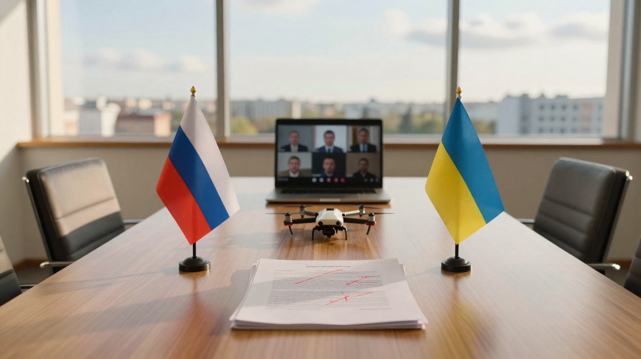 Mesa de reunião com bandeiras da Rússia e Ucrânia, documentos e vídeoconferência no fundo.