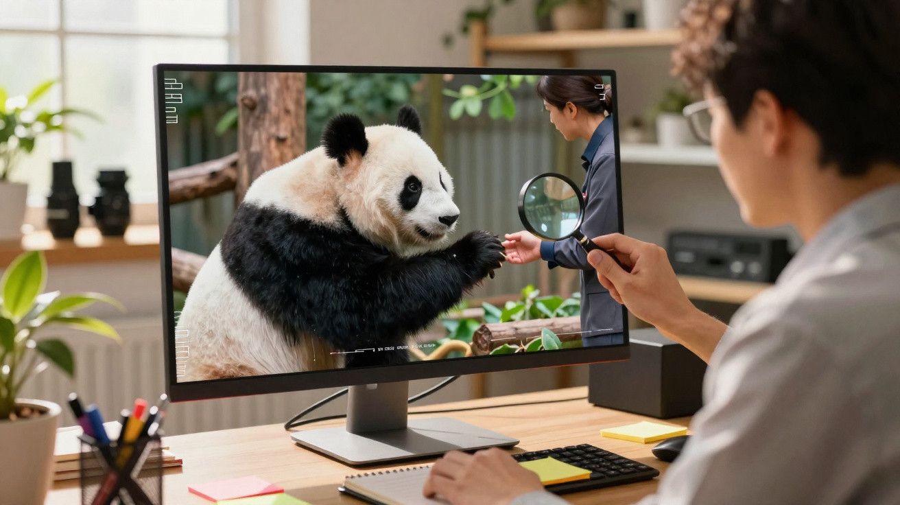 Pessoa observa um panda interagindo com outra pessoa através do ecrã de um computador.