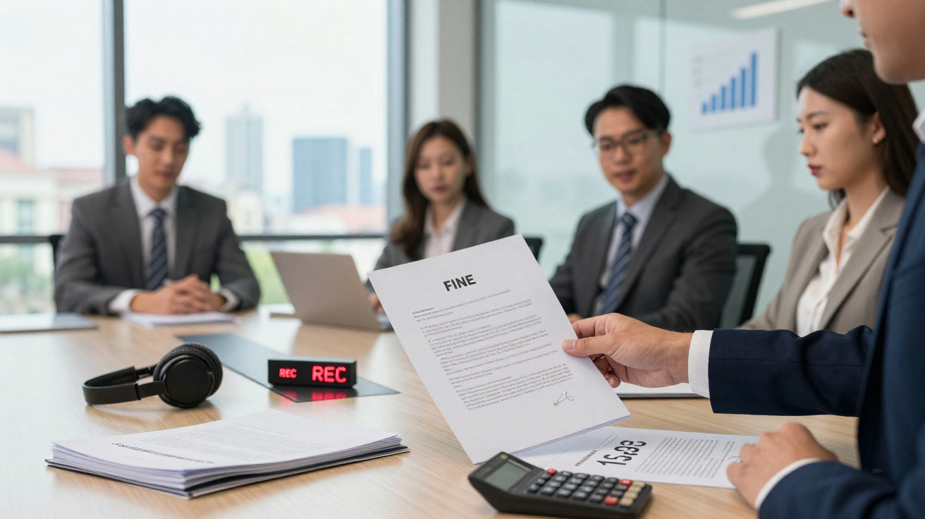 Reunião de negócios com quatro pessoas sentadas à mesa e documentos de análise financeira sobre a mesa.