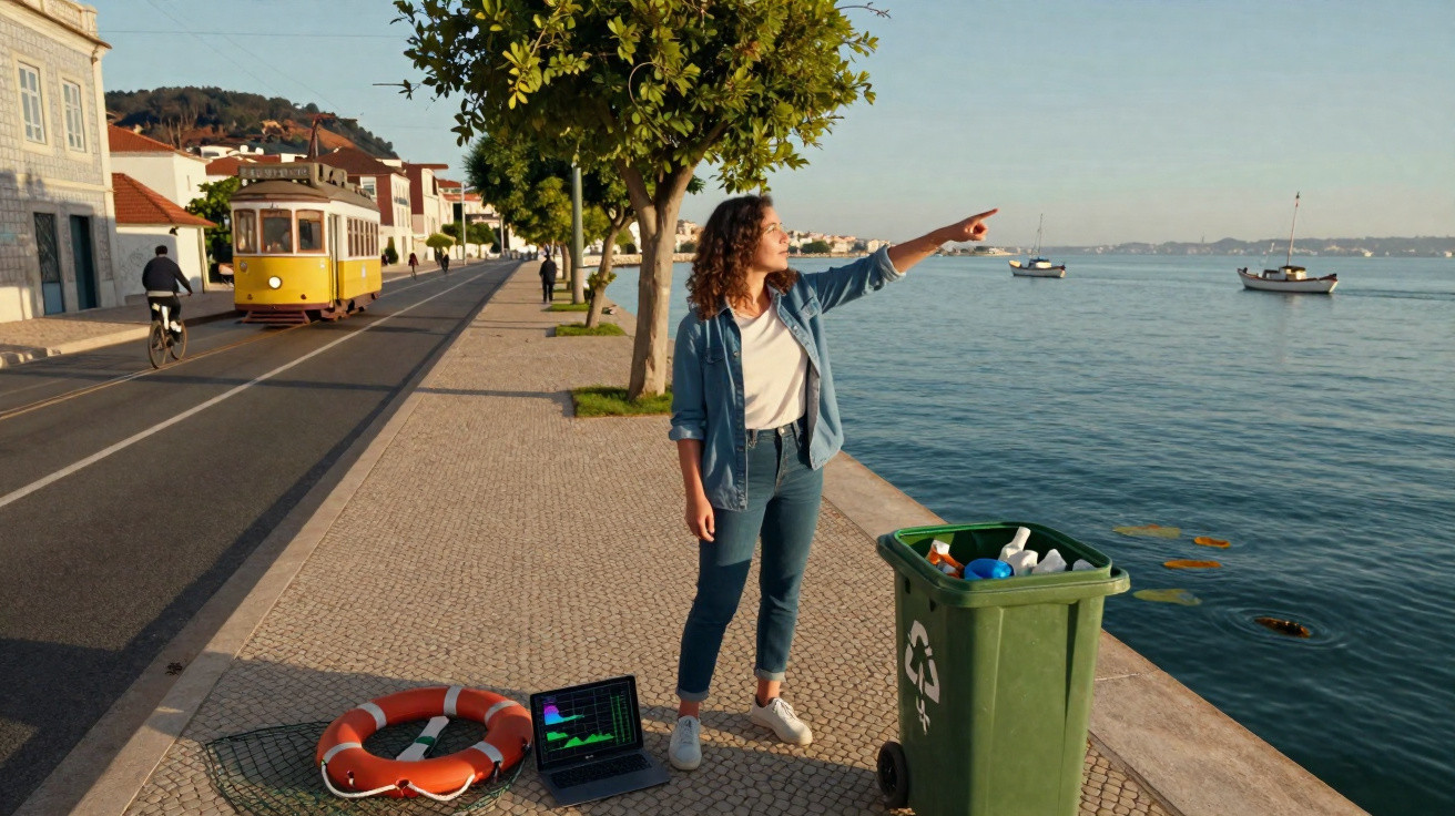 Mulher aponta para o rio junto a contentor de reciclagem e equipamentos, com eléctrico e ciclista na estrada.