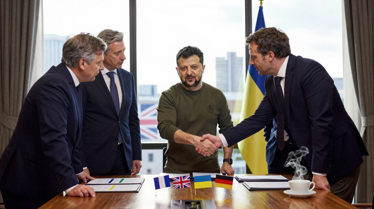 Quatro homens em fato, um com sweatshirt verde, apertam mãos numa sala com bandeiras da França, Reino Unido, Ucrânia e Aleman