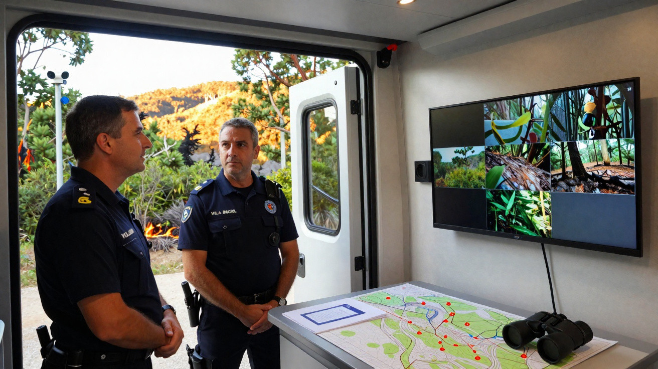 Dois polícias em uniforme observam mapa com marcações vermelhas e monitor com imagens em estação móvel de vigilância.