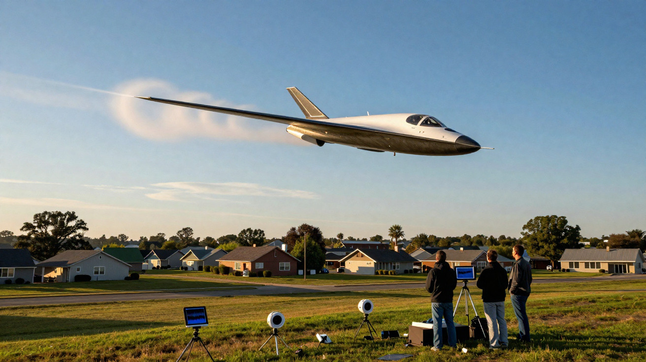 Aeronave experimental a voar baixa sobre campo com três pessoas a observar e equipamento de medição no solo.