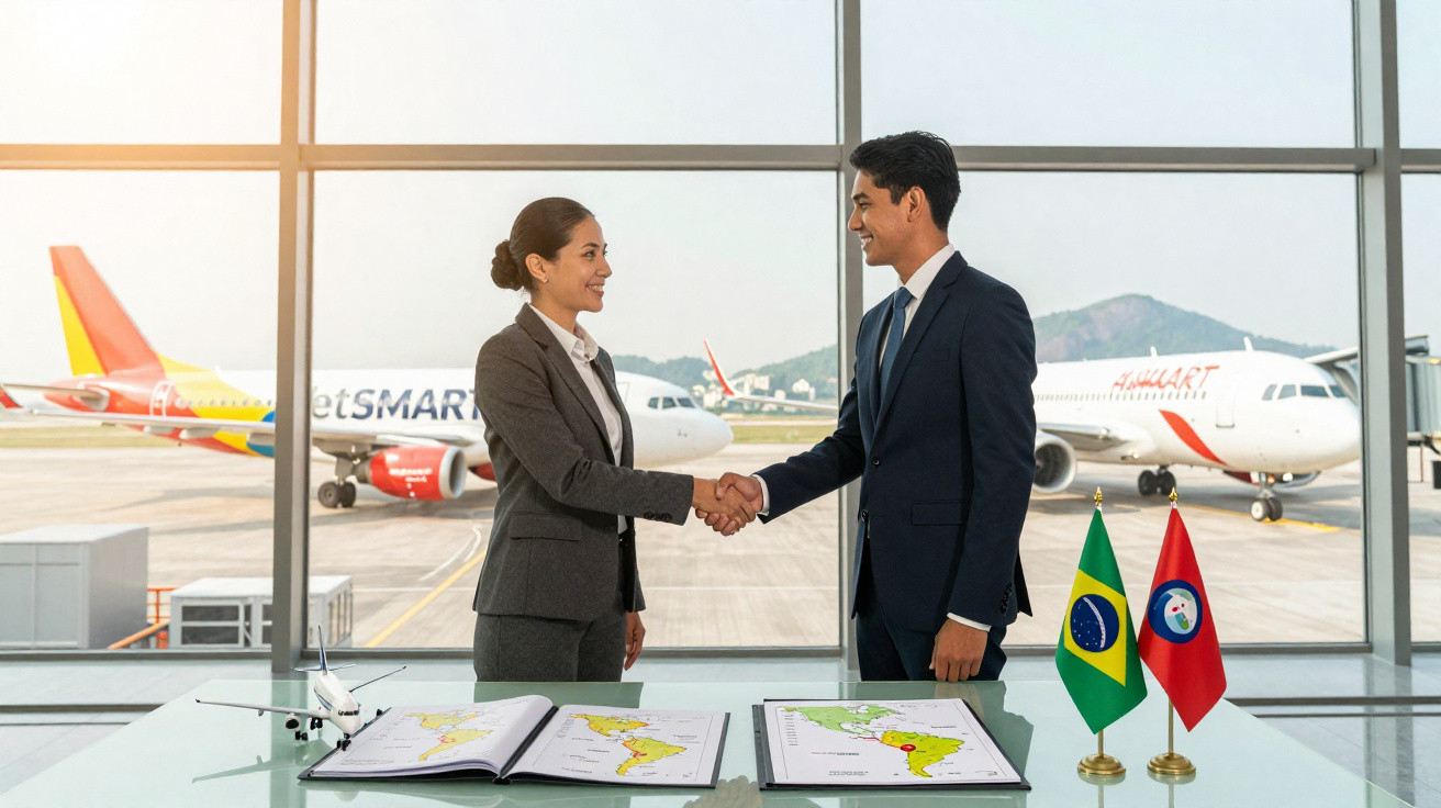 Dois profissionais de negócios apertam as mãos num aeroporto com aviões e mapas ao fundo.