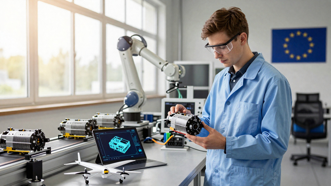 Engenheiro a analisar componente mecânico numa bancada com robótica e computador num laboratório tecnológico.