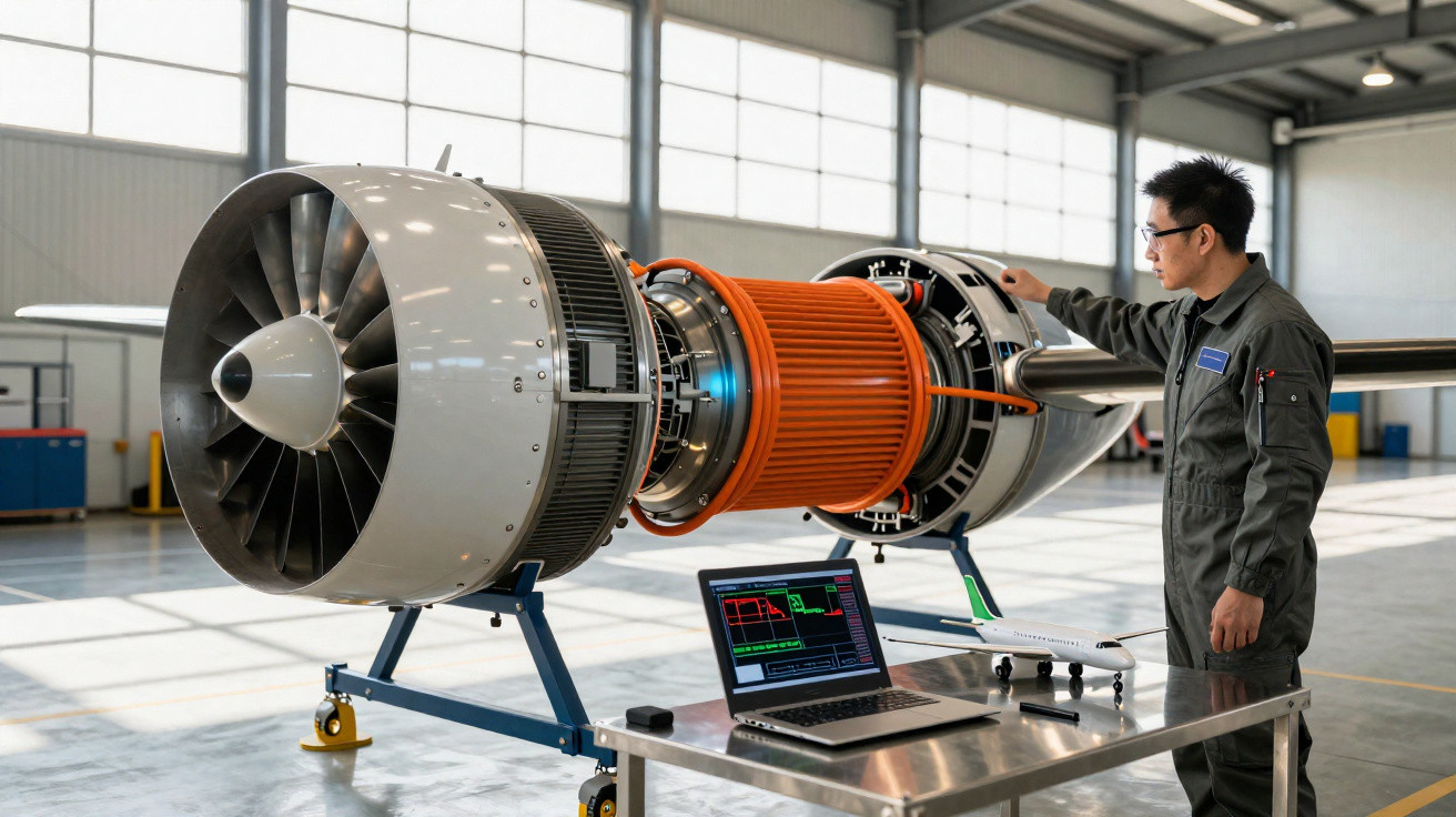 Engenheiro a inspecionar motor de avião com computador portátil e modelo de avião numa oficina moderna.