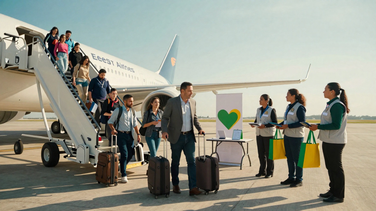 Passageiros desembarcando de avião e a serem recebidos por funcionários com sacos e pranchetas no aeroporto.