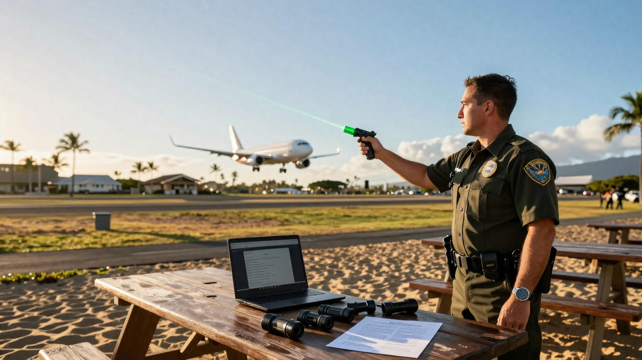 Agente de segurança com pistola verde orienta avião a aterragem junto a praia com mesa de madeira e laptop.