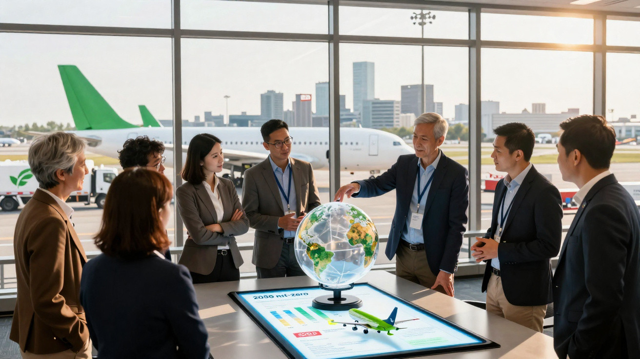 Grupo de profissionais em reunião no aeroporto com globo terrestre e modelo de avião sobre mesa digital.