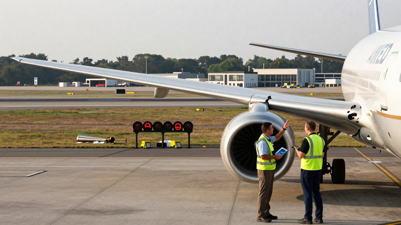 Dois técnicos com coletes amarelos inspeccionam a asa e motor de um avião estacionado no aeroporto.