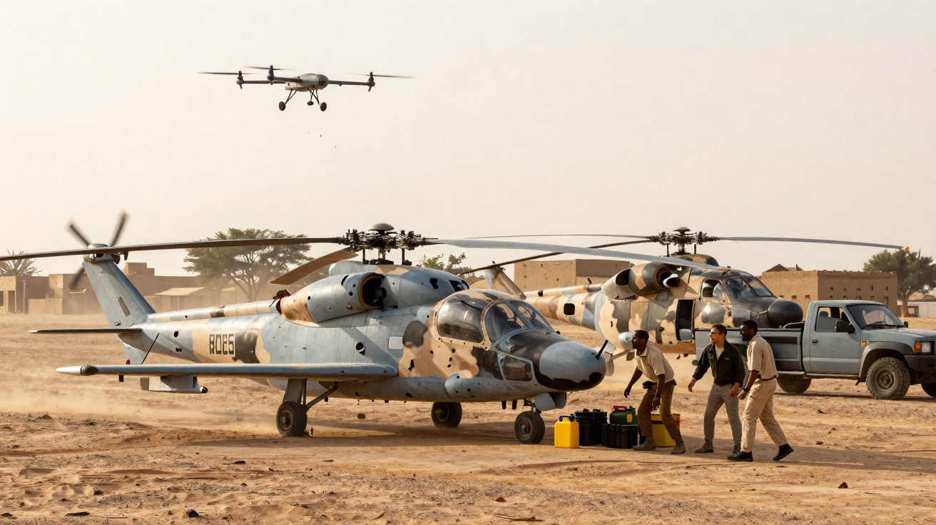 Helicópteros militares camuflados e um drone sobrevoando em terreno árido com três pessoas ao lado.