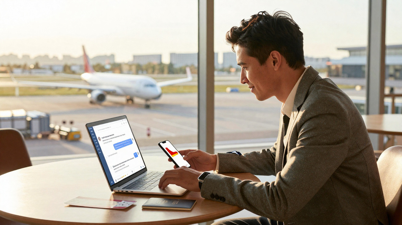 Homem de negócios sentado no aeroporto a usar telemóvel e computador portátil com avião na pista visível pela janela.