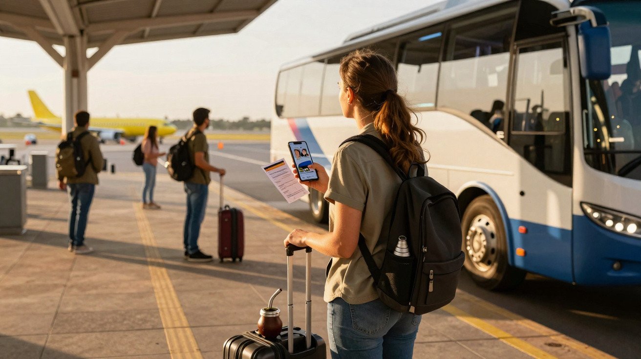 Mulher com mochila e mala na mão perto de autocarro, com outras pessoas em fila no aeroporto ao entardecer.