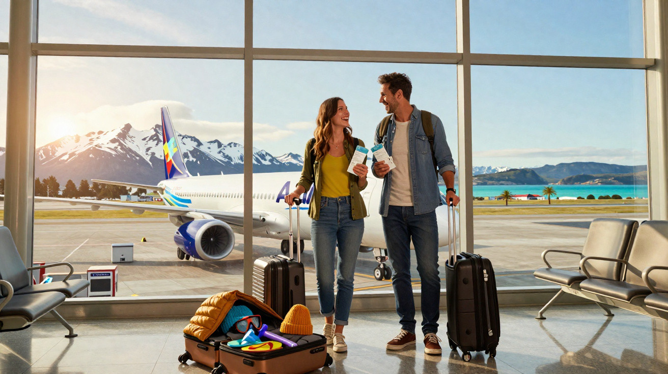 Casal sorridente com bagagem e bilhetes no aeroporto, avião e montanhas nevadas ao fundo.