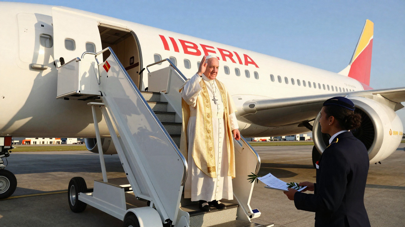 Papa Francisco acena na escada de um avião da Iberia, enquanto é recebido por uma mulher em uniforme no aeroporto.