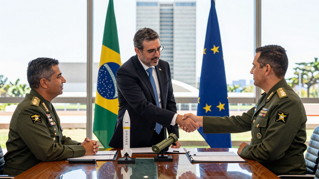 Homem de fato cumprimenta militar em reunião com bandeiras do Brasil e União Europeia ao fundo.